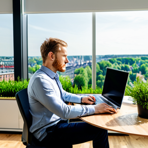 Home 18 A professional individual, fully clothed in a modest business casual outfit, seated at a modern, ergonomic desk in a sunlit biophilic office in Hamburg. The background features a lush vertical plant wall and large windows overlooking a green urban landscape. Natural wooden elements and soft, diffused lighting create a calming, productive atmosphere. The individual is focused on a laptop, embodying efficiency and well-being. Perfect anatomy, correct proportions, natural pose, well-formed hands, proper finger count, natural body proportions. Professional photography, high quality, safe for work, appropriate content, fully clothed, professional.