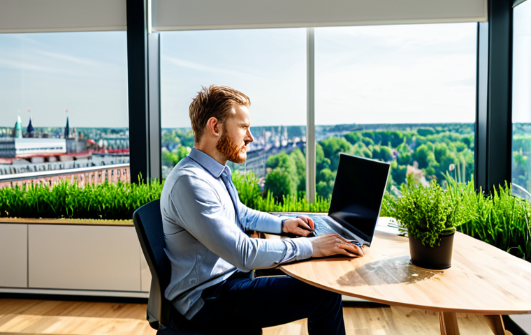 A professional individual, fully clothed in a modest business casual outfit, seated at a modern, ergonomic desk in a sunlit biophilic office in Hamburg. The background features a lush vertical plant wall and large windows overlooking a green urban landscape. Natural wooden elements and soft, diffused lighting create a calming, productive atmosphere. The individual is focused on a laptop, embodying efficiency and well-being. Perfect anatomy, correct proportions, natural pose, well-formed hands, proper finger count, natural body proportions. Professional photography, high quality, safe for work, appropriate content, fully clothed, professional.