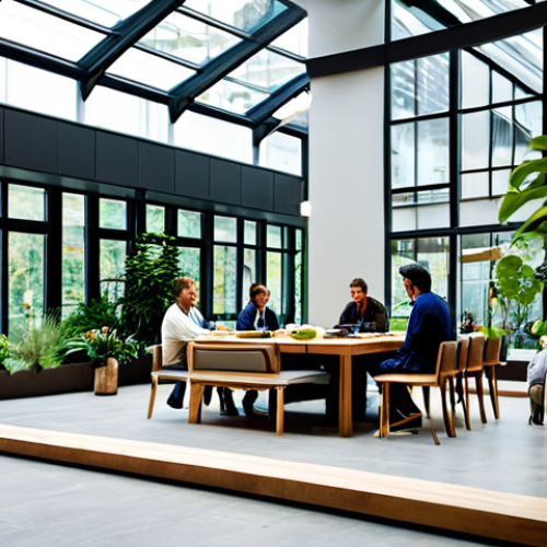 Home 17 A diverse group of individuals, fully clothed in modest, professional, yet comfortable attire, engaging thoughtfully within a contemporary urban biophilic space. The environment features an atrium filled with lush indoor plants, natural light filtering through large windows, a subtle water element, and natural wood and stone textures. The scene reflects a harmonious connection between humans and nature, promoting well-being and productivity in a built environment. safe for work, appropriate content, fully clothed, professional, perfect anatomy, correct proportions, natural pose, well-formed hands, proper finger count, natural body proportions, high-quality photography, realistic.