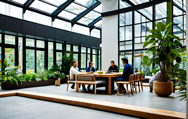 A diverse group of individuals, fully clothed in modest, professional, yet comfortable attire, engaging thoughtfully within a contemporary urban biophilic space. The environment features an atrium filled with lush indoor plants, natural light filtering through large windows, a subtle water element, and natural wood and stone textures. The scene reflects a harmonious connection between humans and nature, promoting well-being and productivity in a built environment. safe for work, appropriate content, fully clothed, professional, perfect anatomy, correct proportions, natural pose, well-formed hands, proper finger count, natural body proportions, high-quality photography, realistic.