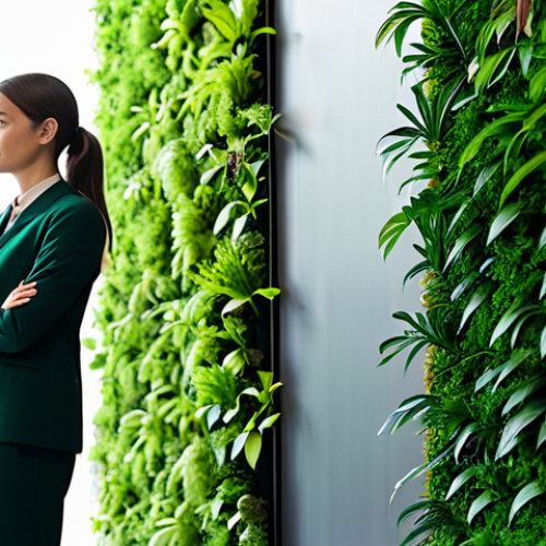 Home 8 A professional female architect, dressed in a modest and appropriate business suit, stands observing a magnificent, intelligent vertical garden wall within a spacious, bright modern corporate lobby. The lush green plants are illuminated by integrated LED lighting systems that subtly mimic natural daylight patterns. The environment exudes an innovative, healthy, and serene atmosphere. This is a high-quality professional photograph, with detailed textures and natural light. safe for work, appropriate content, fully clothed, professional dress, perfect anatomy, correct proportions, natural pose, well-formed hands, proper finger count, natural body proportions.
