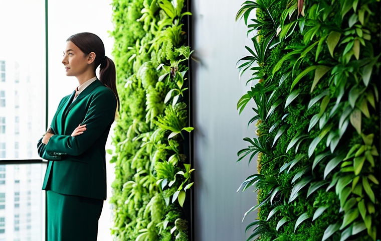 A professional female architect, dressed in a modest and appropriate business suit, stands observing a magnificent, intelligent vertical garden wall within a spacious, bright modern corporate lobby. The lush green plants are illuminated by integrated LED lighting systems that subtly mimic natural daylight patterns. The environment exudes an innovative, healthy, and serene atmosphere. This is a high-quality professional photograph, with detailed textures and natural light. safe for work, appropriate content, fully clothed, professional dress, perfect anatomy, correct proportions, natural pose, well-formed hands, proper finger count, natural body proportions.