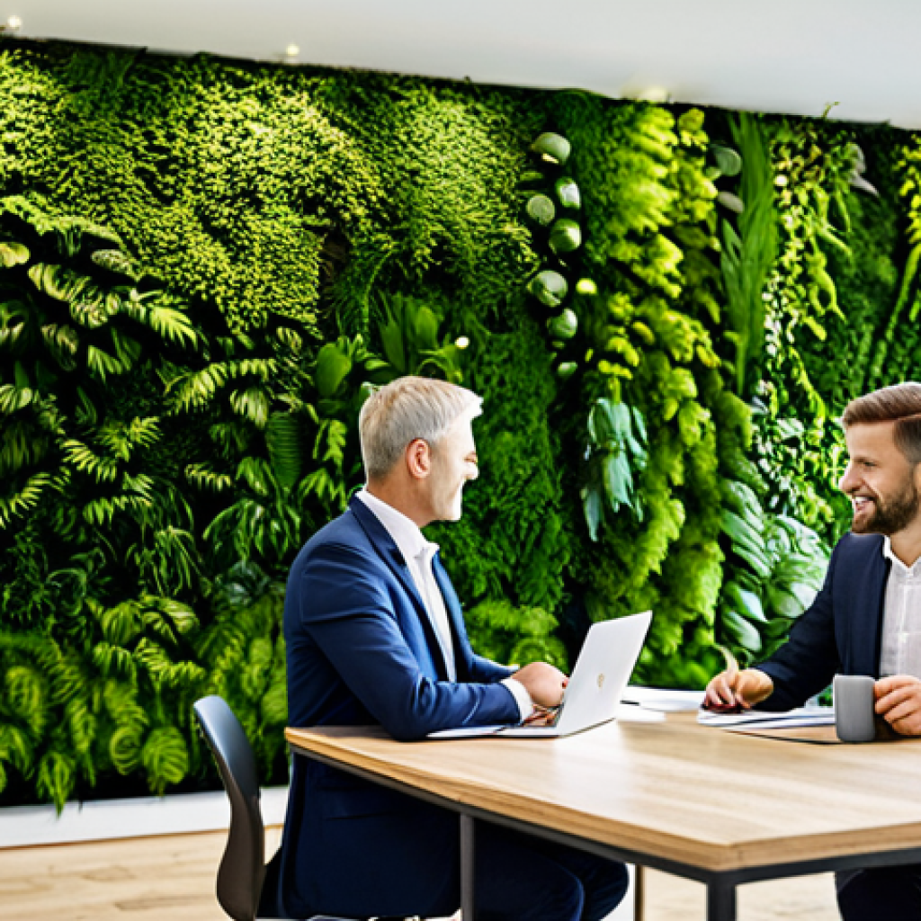 A diverse group of business professionals, fully clothed in modest business suits and professional dress, working collaboratively in a modern, biophilically designed office space in a vibrant German city. The environment features a prominent vertical garden wall, abundant natural light, integrated natural wooden and stone elements, and subtle, calming water features. perfect anatomy, correct proportions, natural pose, well-formed hands, proper finger count, professional photography, high detail, realistic, inviting atmosphere, safe for work, appropriate content, family-friendly.