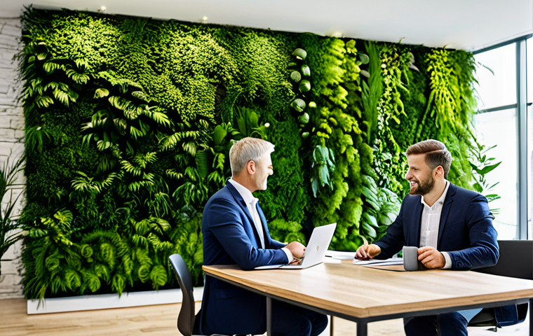 A diverse group of business professionals, fully clothed in modest business suits and professional dress, working collaboratively in a modern, biophilically designed office space in a vibrant German city. The environment features a prominent vertical garden wall, abundant natural light, integrated natural wooden and stone elements, and subtle, calming water features. perfect anatomy, correct proportions, natural pose, well-formed hands, proper finger count, professional photography, high detail, realistic, inviting atmosphere, safe for work, appropriate content, family-friendly.
