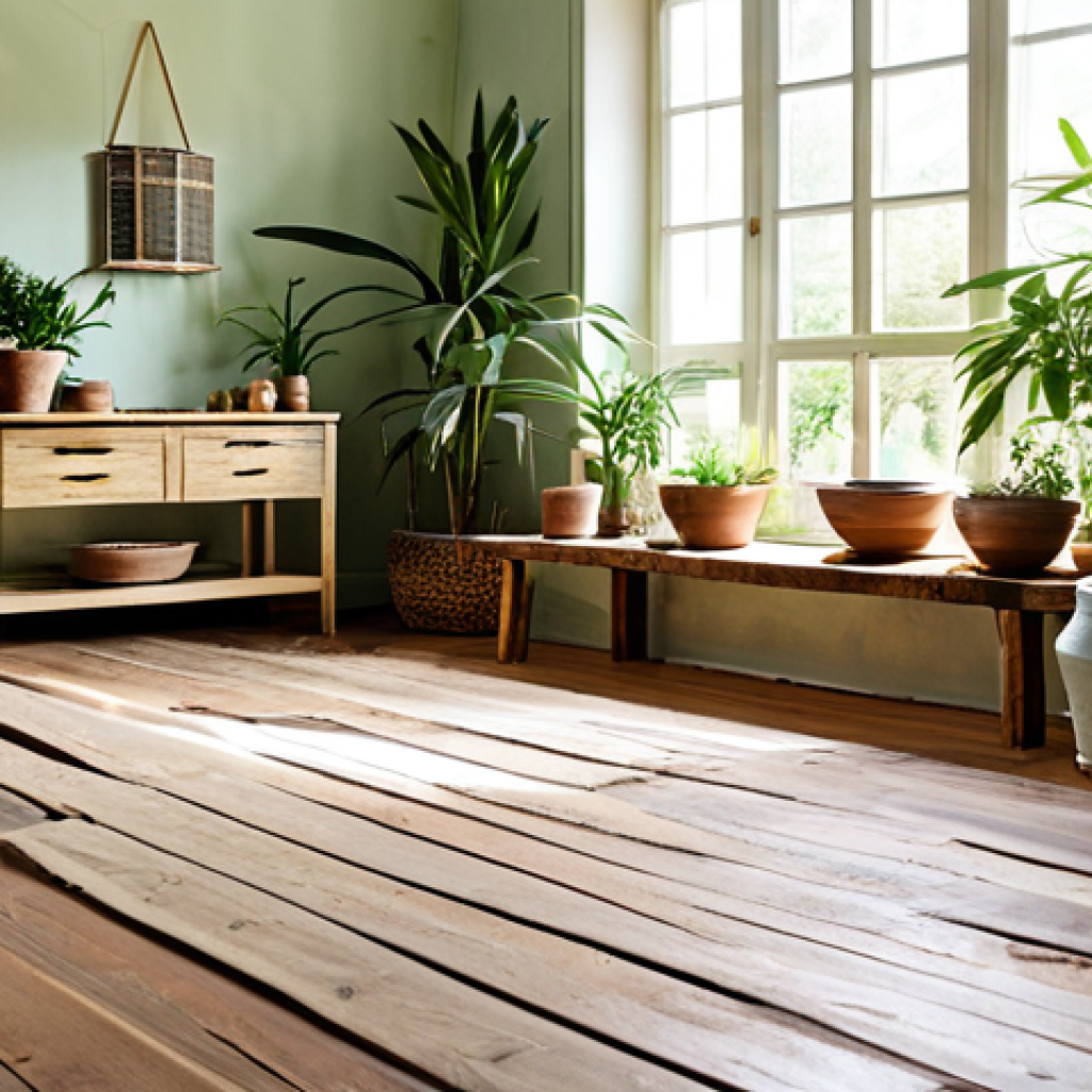 **
"A bright and airy living room featuring repurposed oak flooring and walls plastered with natural clay paint, fully clothed, appropriate content, safe for work. Sunlight streams through large windows illuminating potted plants and upcycled furniture crafted from old wooden pallets. A small indoor bamboo fountain adds a calming water feature. The scene emphasizes natural textures and sustainable design elements, including woven rugs made from natural fibers. Perfect anatomy, natural proportions, professional, modest, family-friendly, high resolution, detailed textures."
**