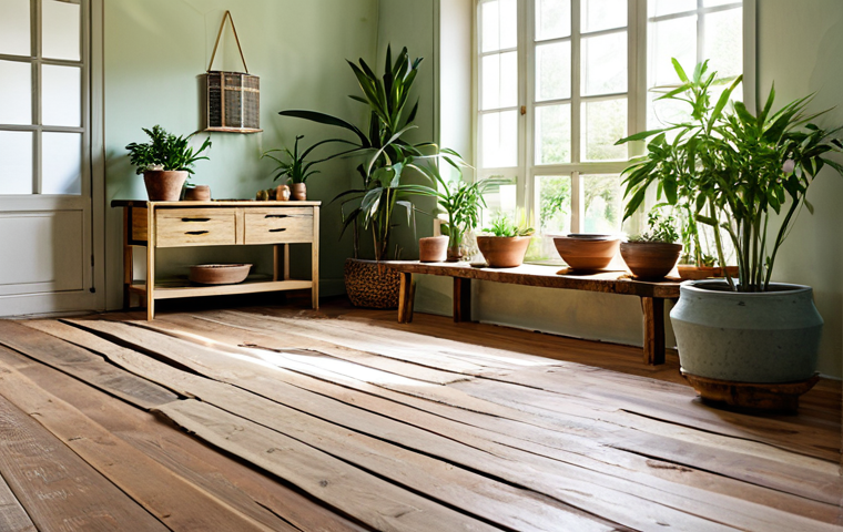 **
"A bright and airy living room featuring repurposed oak flooring and walls plastered with natural clay paint, fully clothed, appropriate content, safe for work. Sunlight streams through large windows illuminating potted plants and upcycled furniture crafted from old wooden pallets. A small indoor bamboo fountain adds a calming water feature. The scene emphasizes natural textures and sustainable design elements, including woven rugs made from natural fibers. Perfect anatomy, natural proportions, professional, modest, family-friendly, high resolution, detailed textures."
**