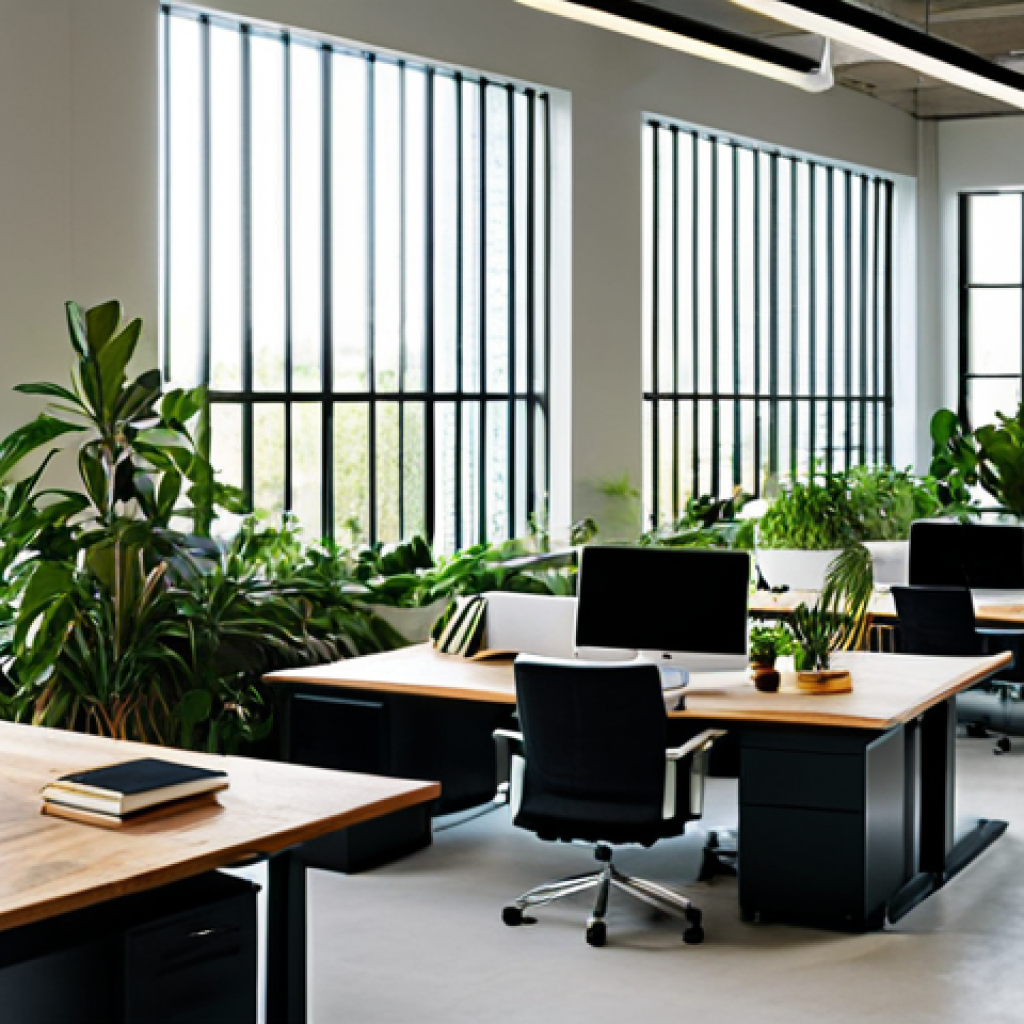 **
"A modern office space with lush green plants, natural light streaming through large windows, and employees working comfortably at wooden desks. The scene should evoke a sense of calm and productivity. Focus on natural materials and soft, warm lighting. Fully clothed, appropriate attire, safe for work, perfect anatomy, natural proportions, professional, modest, family-friendly."
**