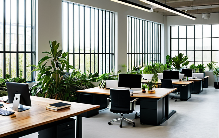 **
"A modern office space with lush green plants, natural light streaming through large windows, and employees working comfortably at wooden desks. The scene should evoke a sense of calm and productivity. Focus on natural materials and soft, warm lighting. Fully clothed, appropriate attire, safe for work, perfect anatomy, natural proportions, professional, modest, family-friendly."
**