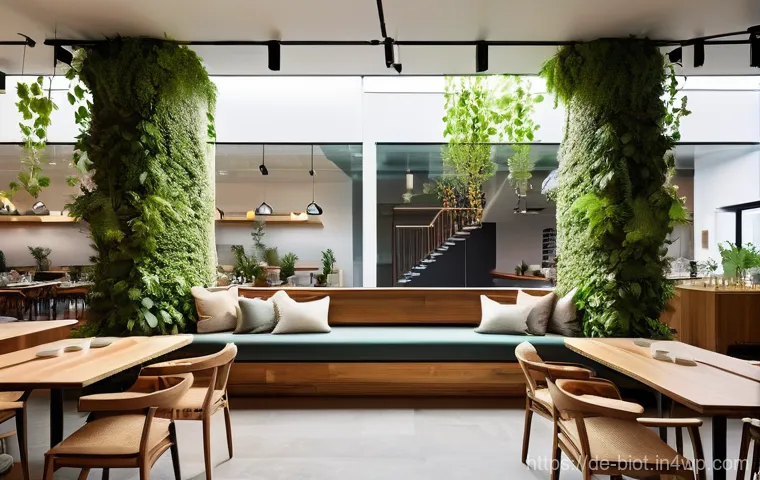 바이오필릭 디자인의 광고 효과 분석 - **Prompt 1: Cozy Biophilic Cafe Experience**
A vibrant, inviting cafe interior filled with abund...