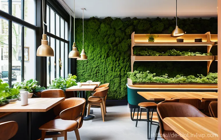 바이오필릭 디자인과 고객 충성도 증대 - **Urban Biophilic Café in Hamburg:** An inviting and cozy café interior in a bustling city like Hamb...