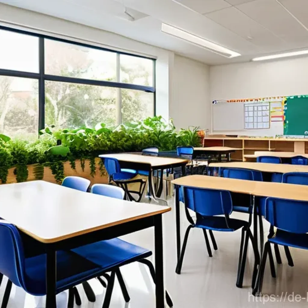 바이오필릭 디자인을 활용한 학교 환경 개선 - **Prompt:** A modern, sun-drenched elementary school classroom during a lesson. Large, expansive win...
