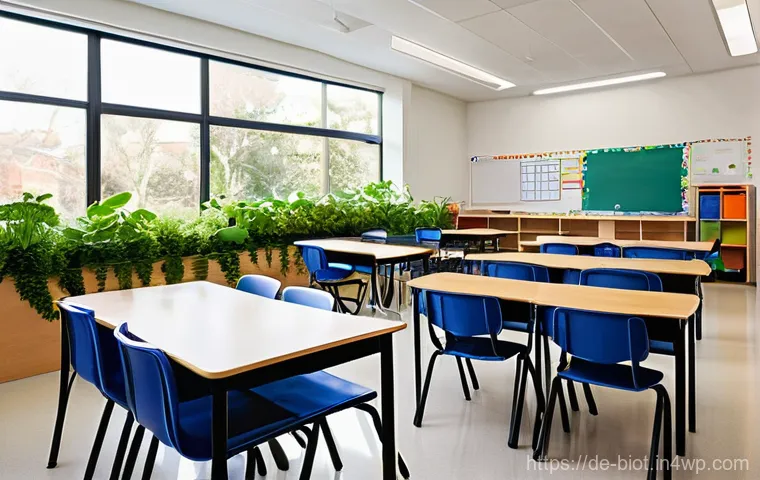 바이오필릭 디자인을 활용한 학교 환경 개선 - **Prompt:** A modern, sun-drenched elementary school classroom during a lesson. Large, expansive win...