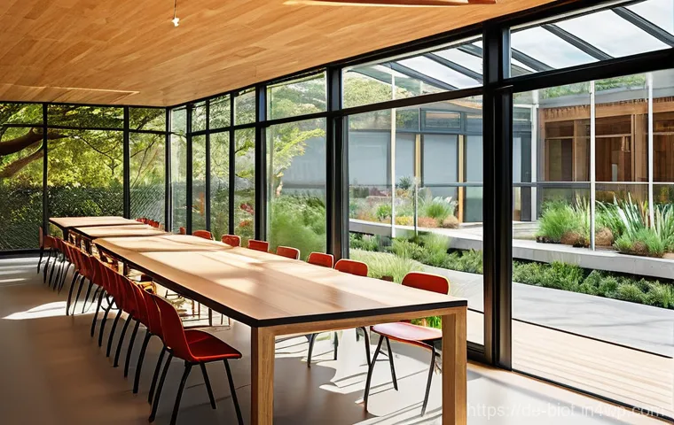 바이오필릭 디자인을 활용한 학교 환경 개선 - **Prompt:** A modern, sun-drenched elementary school classroom during a lesson. Large, expansive win...