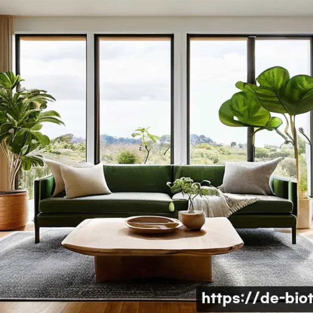 바이오필릭 디자인과 공간 감각의 통합 - **Prompt:** A cozy, sun-drenched living room embodying biophilic design. Large, vibrant indoor plant...