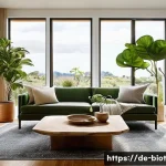 Home 20 바이오필릭 디자인과 공간 감각의 통합 - **Prompt:** A cozy, sun-drenched living room embodying biophilic design. Large, vibrant indoor plant...