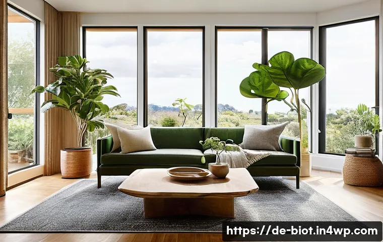 바이오필릭 디자인과 공간 감각의 통합 - **Prompt:** A cozy, sun-drenched living room embodying biophilic design. Large, vibrant indoor plant...