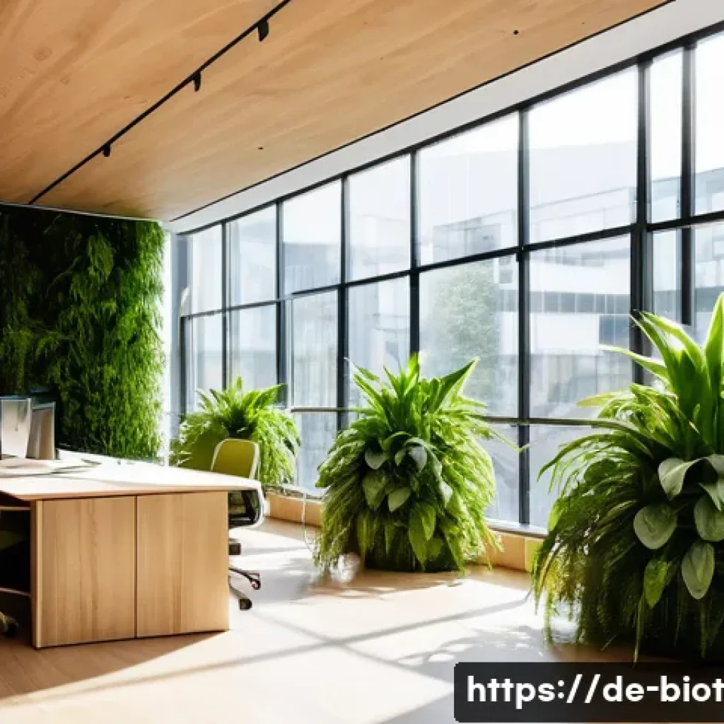 바이오필릭 디자인에서의 인지 심리학 적용 - A modern German office interior filled with lush green indoor plants strategically placed within dir...