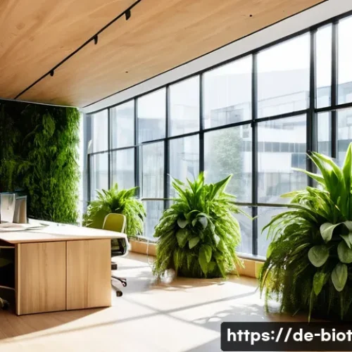 Home 30 바이오필릭 디자인에서의 인지 심리학 적용 - A modern German office interior filled with lush green indoor plants strategically placed within dir...