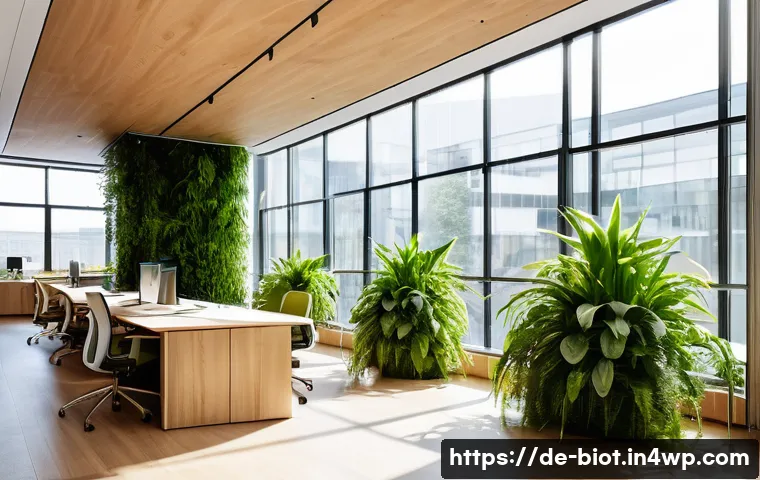 바이오필릭 디자인에서의 인지 심리학 적용 - A modern German office interior filled with lush green indoor plants strategically placed within dir...