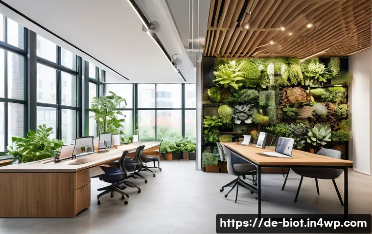 바이오필릭 디자인의 시장 동향 및 예측 - A modern German office interior designed with biophilic principles, featuring large natural wood sur...