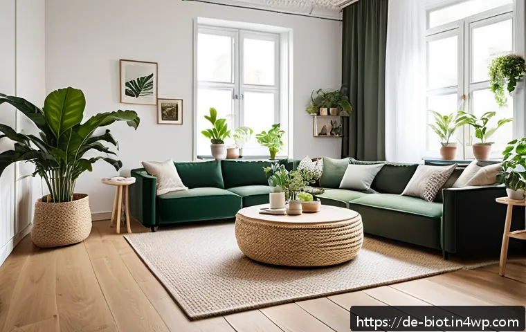 바이오필릭 디자인과 사용자 맞춤형 경험 - A cozy modern living room in a German urban apartment, featuring a few well-placed lush green indoor...