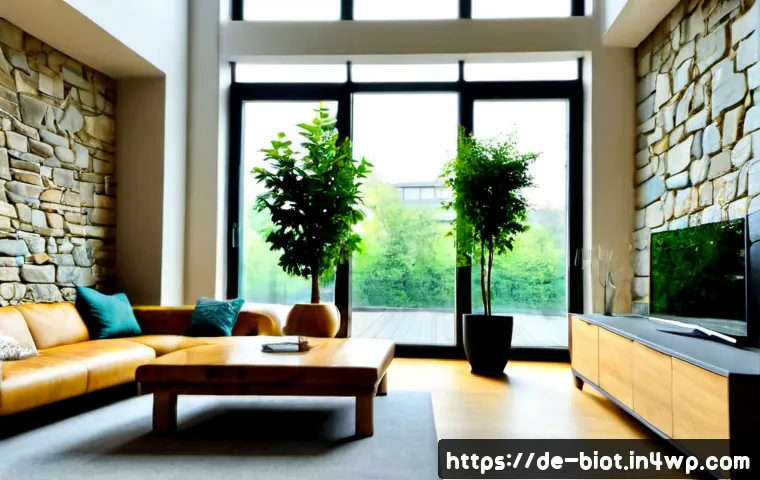 바이오필릭 디자인의 주요 구성 요소 분석 - Photorealistic biophilic living room in a contemporary German apartment, large leafy indoor plants, ...