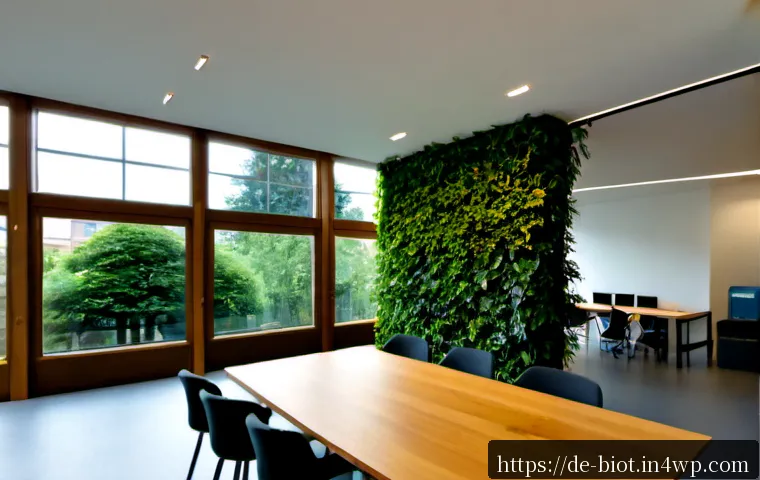 Home 17 바이오필릭 디자인의 미래 방향성 탐구 - Photorealistic future biophilic office in a German city, spacious timber-and-glass workspace with li...