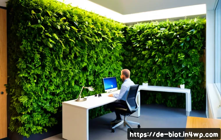 바이오필릭 디자인의 혁신 사례 연구 - Photorealistic innovative biophilic office in a modern German city, sunlit timber workspace with a l...