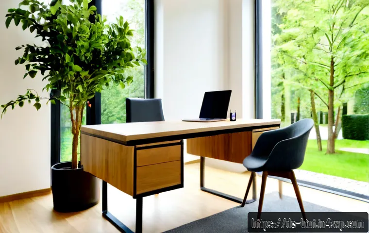 바이오필릭 디자인의 요소  식물 자연광 물 - Photorealistic biophilic home office in a contemporary German apartment, large leafy potted plants f...