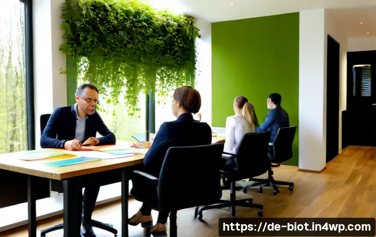 바이오필릭 디자인을 위한 프로젝트 관리 기법 - Photorealistic modern German project management workshop in a sunlit biophilic office, diverse Europ...